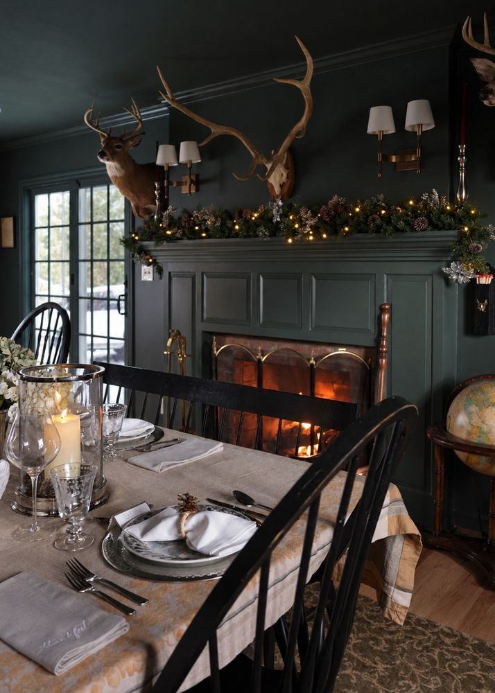 A paneled dining room mantel with antlers, garland and a candlelit table