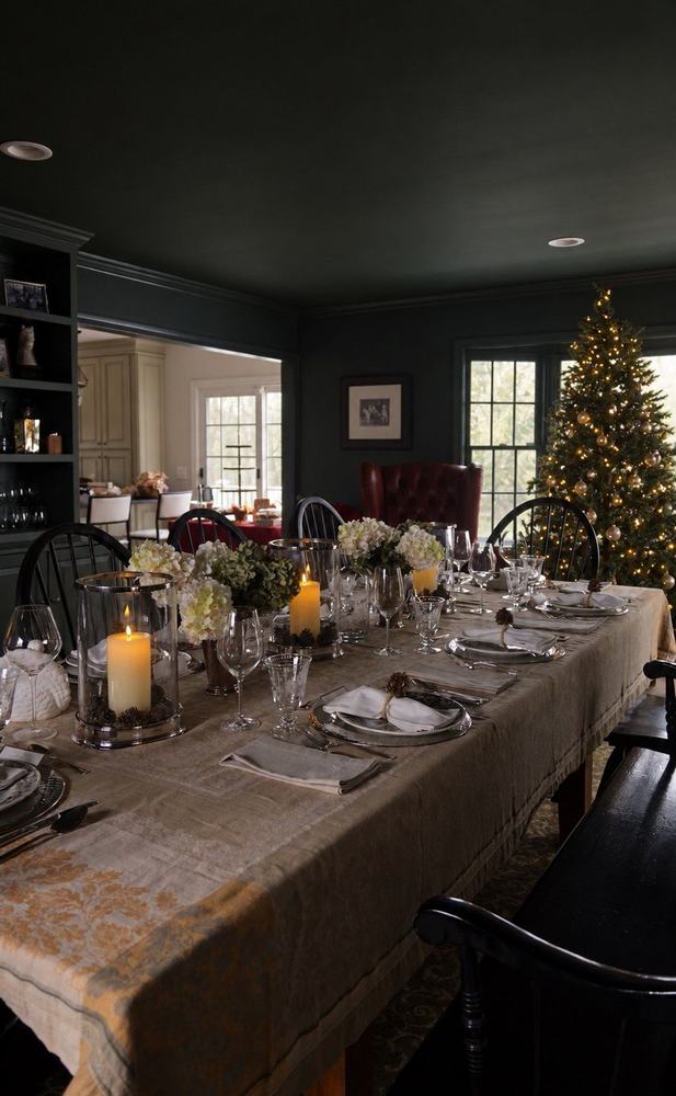 A long linen table set with candles, white hydrangeas and silver beside a lit tree