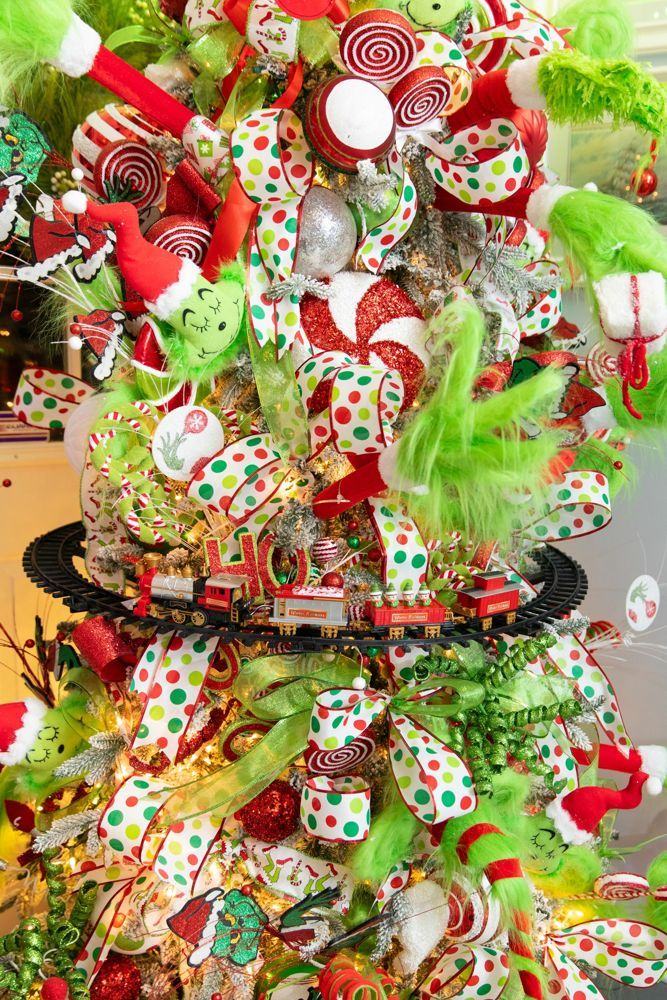 Detail of polka-dot ribbon, peppermints and a toy train in a whimsical tree
