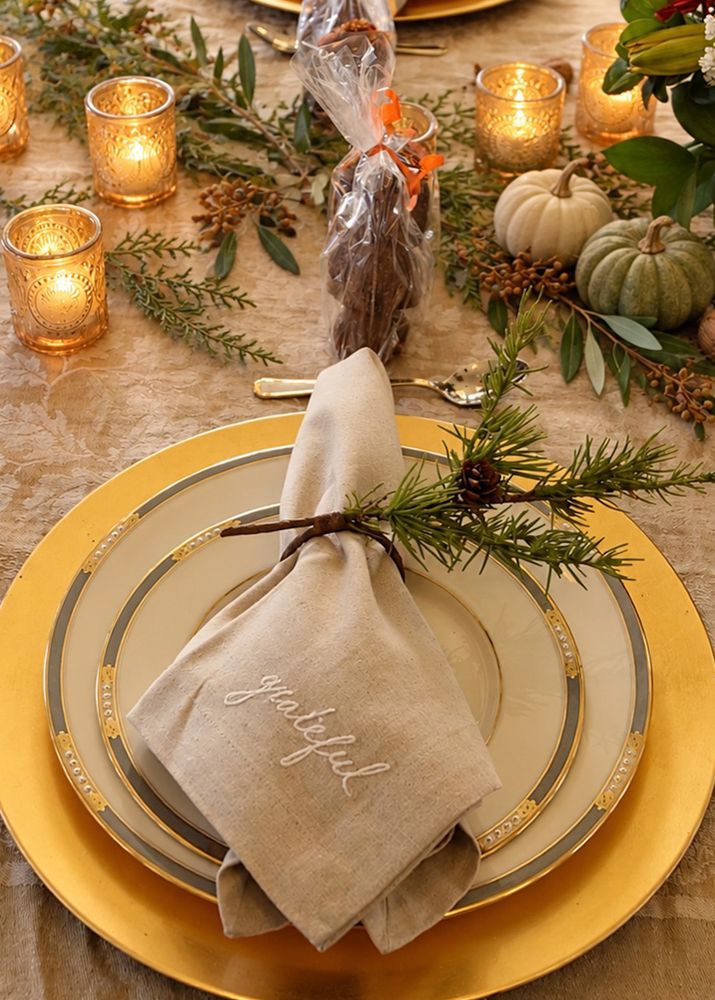 A Thanksgiving place setting: gold charger, gold-rimmed china and a linen napkin embroidered “grateful”